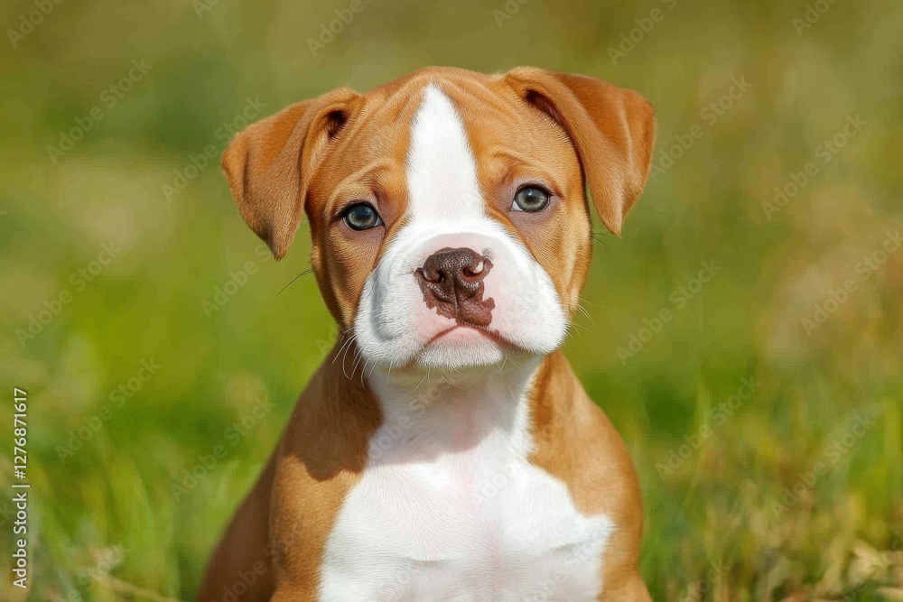 American Bulldog Puppy Portrait. Close-Up of Cute Miniature Puppy in Brown and White Colors American Bulldog Puppy Portrait. Close-Up of Cute Miniature Puppy in Brown and White Colors