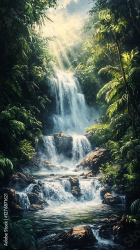 Serene Waterfall Cascading Through Lush Forest During Bright Daylight Hours N...