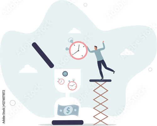 Time is money, long term investment return, retirement pension fund concept,flat character life .