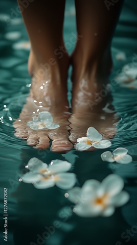 Relaxing Spa Experience With Feet Submerged in Water and Floating Flowers