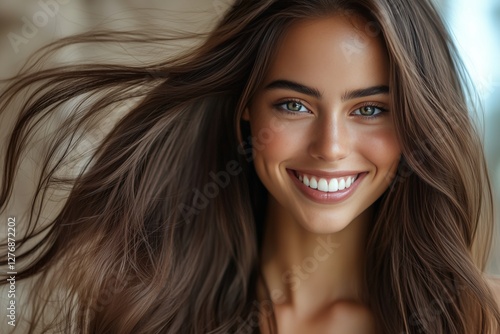 Smiling Woman With Long Brown Hair Enjoying Sunny Day Outdoors