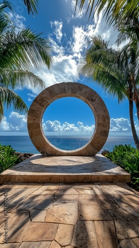 Beautiful Stone Archway Frames Coastal View With Palm Trees on a Sunny Day