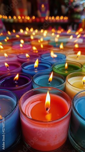 Colorful Candles With Flickering Flames Displayed at a Marketplace During the...