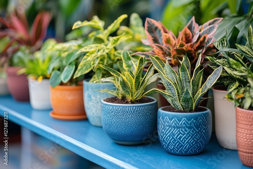 Vibrant Collection of Potted Plants Arranged Against a Bright Blue Wall in a ...