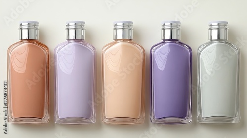Five pastel paint bottles are artfully arranged on a white surface, showcasing their soft hues and aesthetic charm