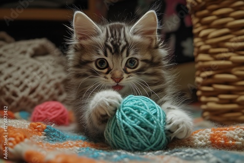 Playful Kitten Joyfully Interacts With Colorful Yarn Ball in Cozy Indoor Setting