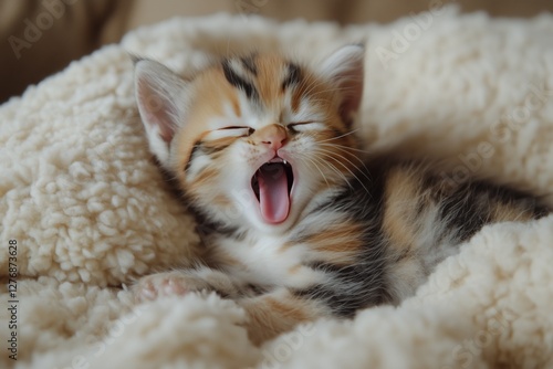 Cute Kitten Yawning While Resting on a Cozy Blanket During the Daytime at Home