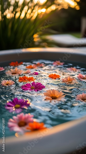 Relaxing Hot Tub Adorned With Colorful Flowers in a Serene Outdoor Setting
