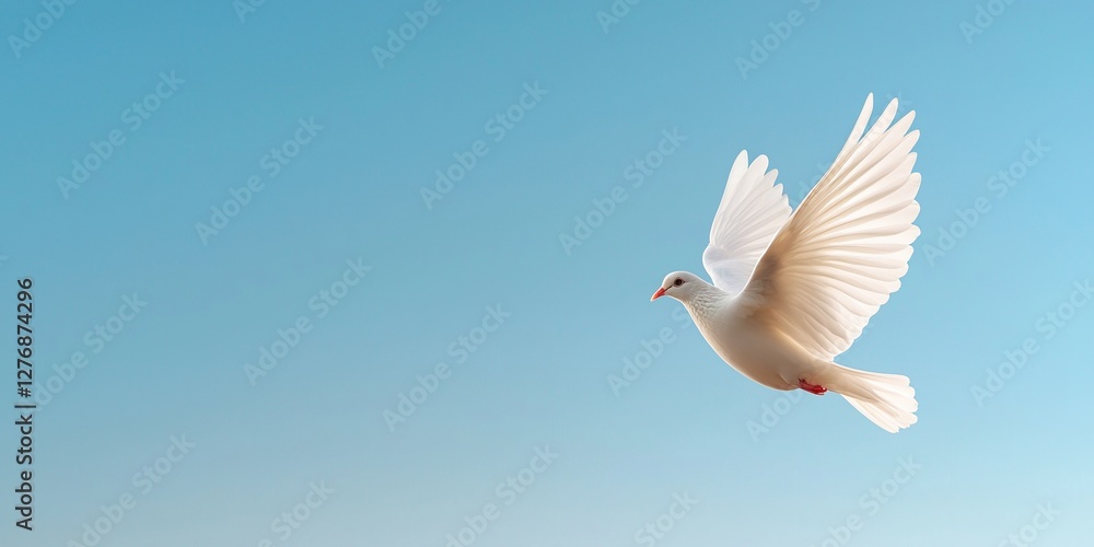 Fototapeta premium White dove of peace soaring gracefully in the air against a clear blue sky