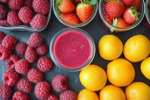 Fresh Fruit Smoothie With Mango and Raspberries on a Dark Background