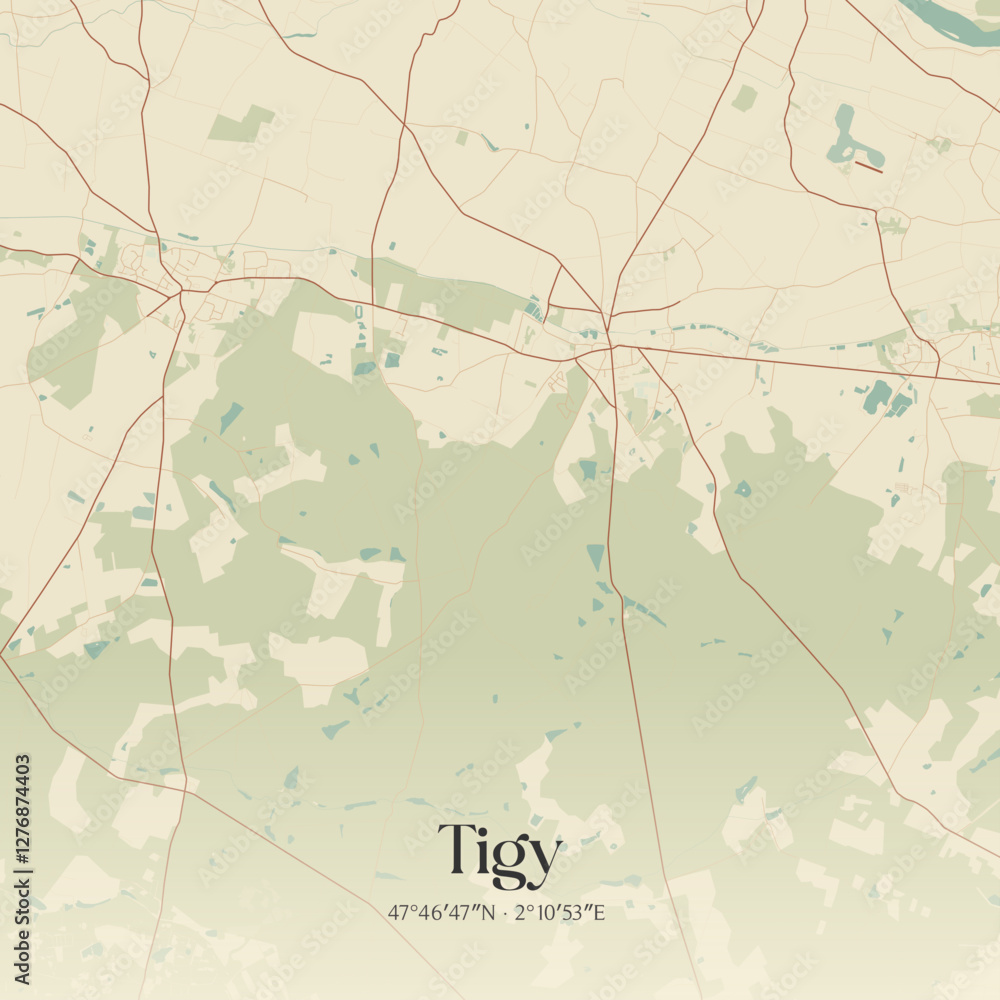 Fototapeta premium Vintage map of Tigy, France.