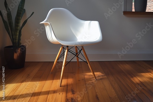 Modern White Chair on Wooden Floor Illuminated by Sunlight in a Spacious Room