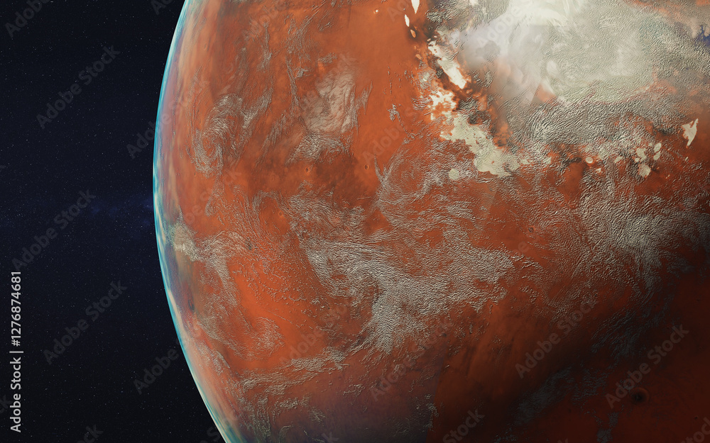 Planet Mars of solar system in outer space close up. Science fiction. Elements of this 3D rendered illustration where furnished by NASA.