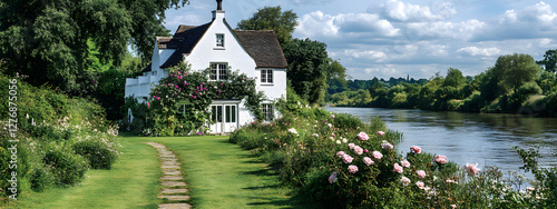 A white brick house with climbing roses, in front of the river
