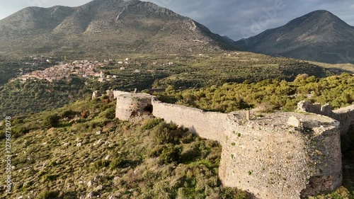 Aerial view of Kelefa Castle and its tower and walls during sunset, Mani, Laconia, Greece. photo