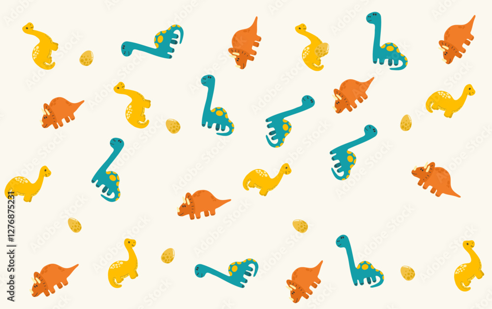 Vector illustration of dinosaurs & egg pattern, blue, yellow, orange Vector illustration of dinosaurs & egg pattern, blue, yellow, orange