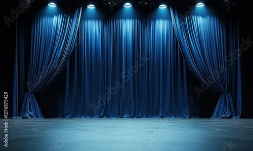 Stage with blue curtains and dramatic lighting set for upcoming performances in a theater environment