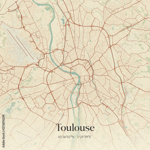 Vintage map of Toulouse, France.