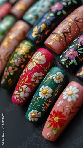 Nail Art Display Featuring Colorful Floral Designs in Various Styles and Colors