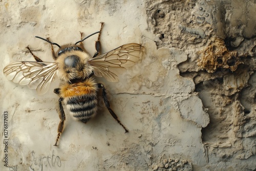 Close-up of a Detailed Honeybee Resting on a Cracked Surface in Natural Light