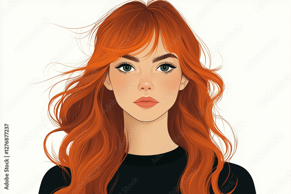 Contemporary woman face. Fashion girl portrait with long red hair , young character with stylish makeup, cartoon female model. Modern illustration Contemporary woman face. Fashion girl portrait with long red hair , young character with stylish makeup, cartoon female model. Modern illustration