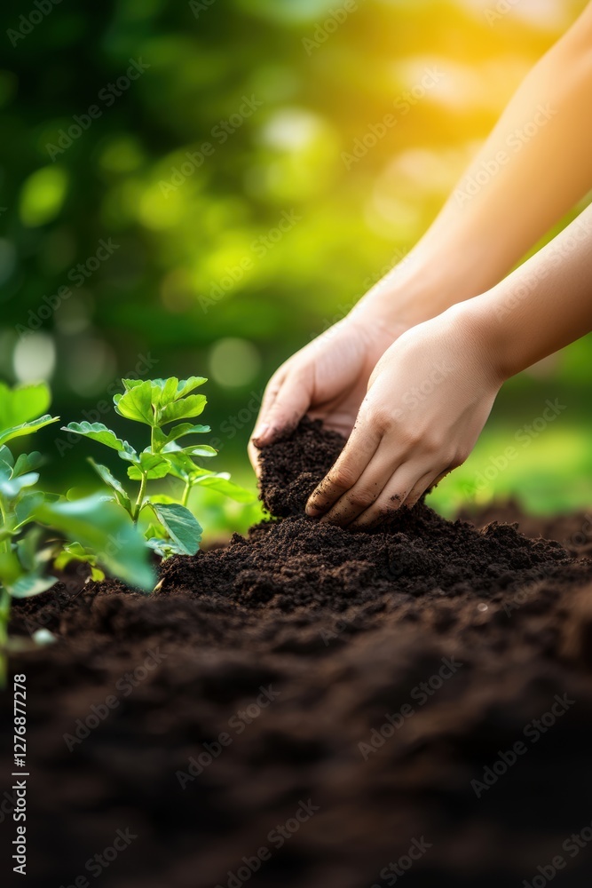 Closeup view of hands of gardener working in field planting flowers. Closeup view of hands of gardener working in field planting flowers.