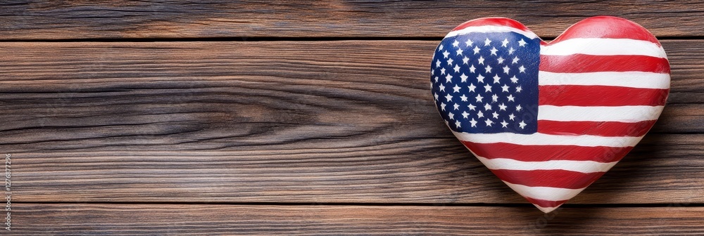 Wooden Heart Patriotism - A handcrafted wooden heart, painted with an American flag design, rests on a rustic wooden background. Symbolizing love, country, heritage, unity, and freedom Wooden Heart Patriotism - A handcrafted wooden heart, painted with an American flag design, rests on a rustic wooden background. Symbolizing love, country, heritage, unity, and freedom