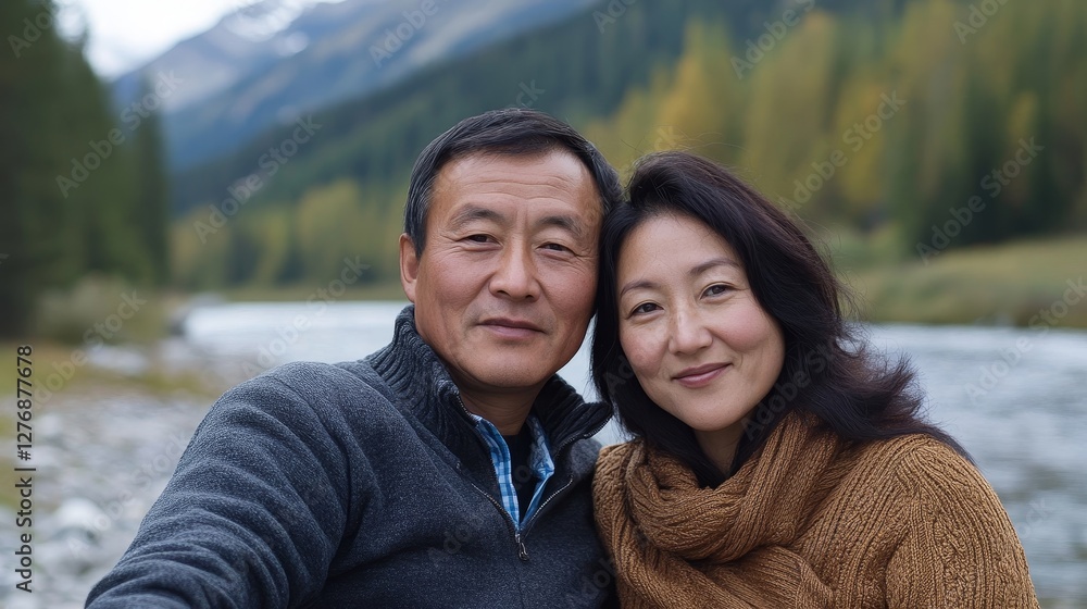 A Mountainside Portrait: Couple's Love and Serenity - A loving Asian couple, embracing amidst a tranquil mountain landscape, symbolizing enduring love, peaceful unity, nature's beauty, serenity A Mountainside Portrait: Couple's Love and Serenity - A loving Asian couple, embracing amidst a tranquil mountain landscape, symbolizing enduring love, peaceful unity, nature's beauty, serenity