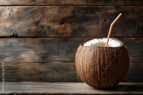 Coconuts Split Open on Wooden Table With Straw Ready for Refreshing Drink