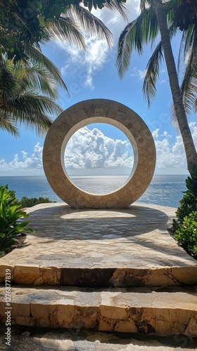 Beautiful Stone Archway Frames Coastal View With Palm Trees on a Sunny Day