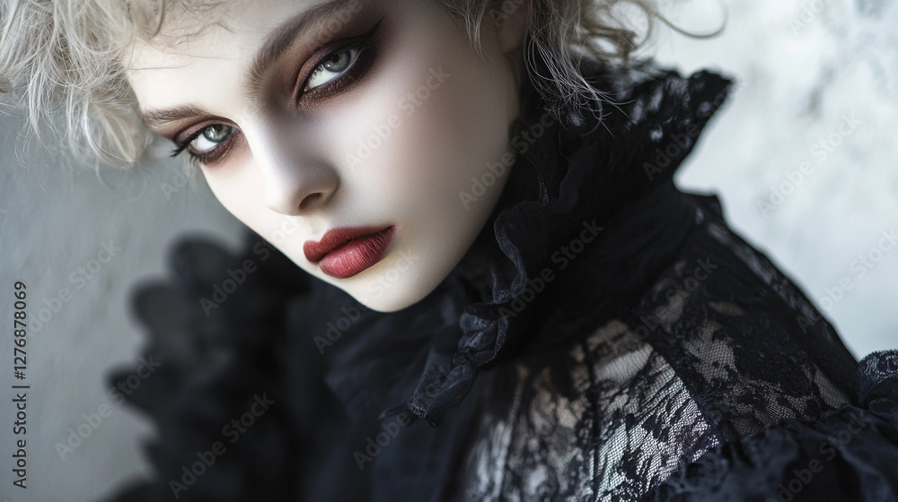 Fototapeta premium Unique fashion portrait featuring dramatic makeup and intricate attire in a studio setting