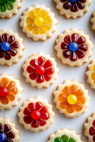 Colorful flower shaped cookies with fruit jelly topping on white background
