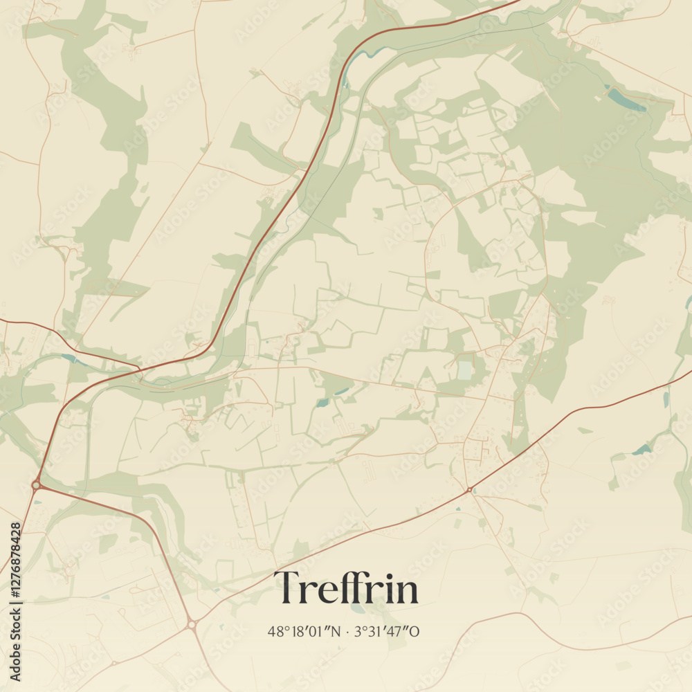Fototapeta premium Vintage map of Treffrin, France.