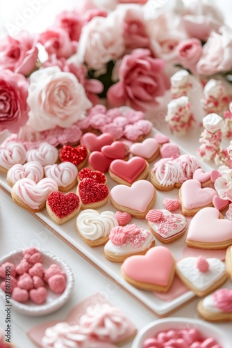 Elegant heart-shaped cookies and blush roses celebrate valentine's day in sweet style