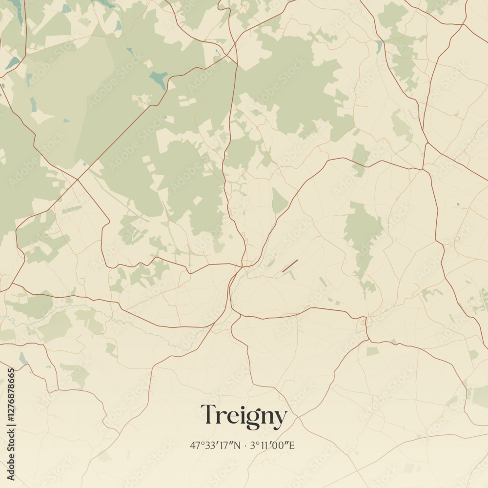 Fototapeta premium Vintage map of Treigny, France.