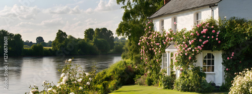 A white brick house with climbing roses, in front of the river
