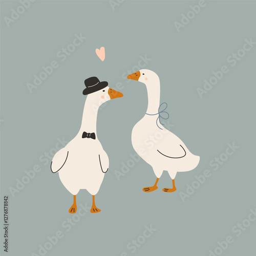 Art & Illustration.loving geese on a colorful background background. Vector illustration for printing. Cute baby background. 
