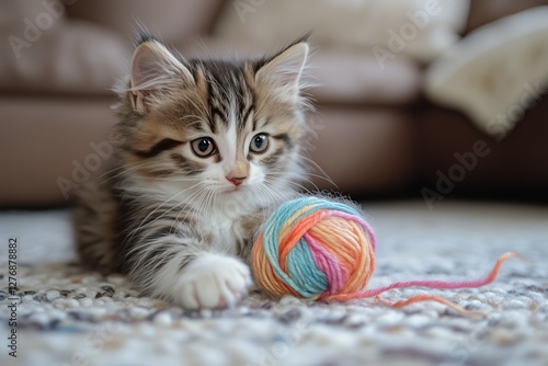 Playful Kitten Joyfully Interacts With Colorful Yarn Ball in Cozy Indoor Setting