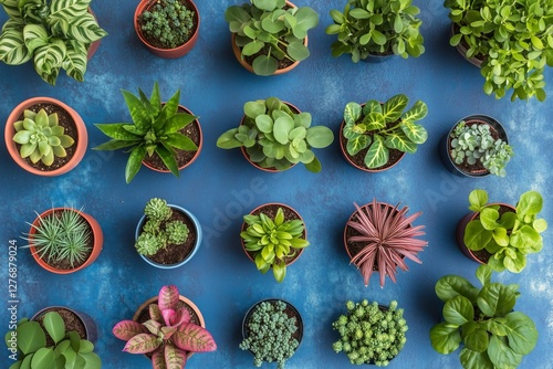 Vibrant Collection of Potted Plants Arranged Against a Bright Blue Wall in a ...