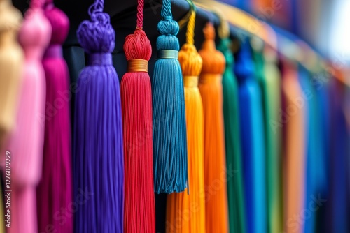 Colorful Tassels Displayed at a Market Stall in a Crafts Area During Daylight