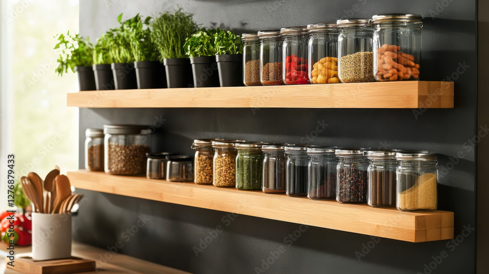 Modern kitchen shelf displaying glass jars filled with various spices and ingredients alongside fresh herbs in pots Modern kitchen shelf displaying glass jars filled with various spices and ingredients alongside fresh herbs in pots
