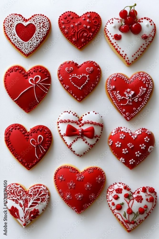 Fototapeta premium Decorative red heart shaped cookies with intricate icing designs and cherry topper