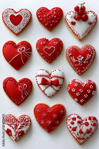 Decorative red heart shaped cookies with intricate icing designs and cherry topper
