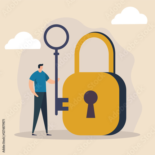 Secure access concept illustration featuring a person with a giant key standing beside a large padlock. Minimalist flat design, perfect for cybersecurity, authentication, and privacy themes.