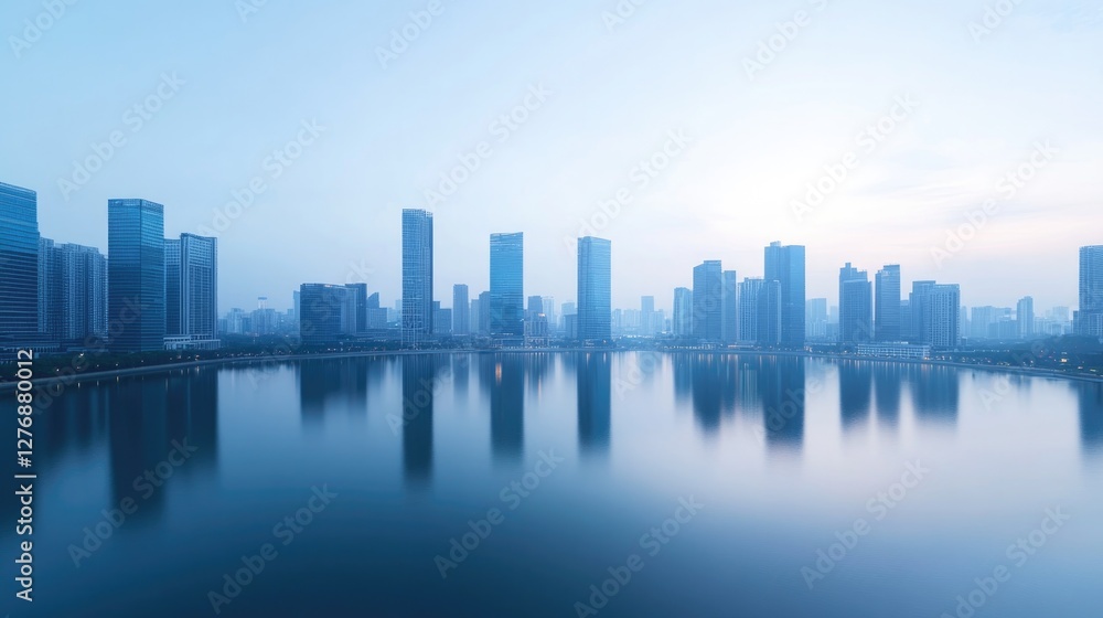 Fototapeta premium aerial view of waterfront promenade with modern high-rises reflecting in calm river