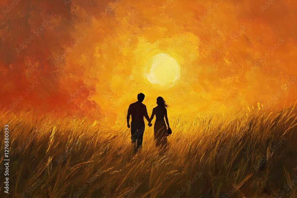 Couple walking hand-in-hand through a golden field as the sun sets in the distance Couple walking hand-in-hand through a golden field as the sun sets in the distance