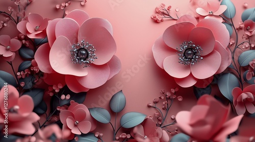 Delicate Paper Flowers in Shades of Pink and Gray Arranged Beautifully on a S...