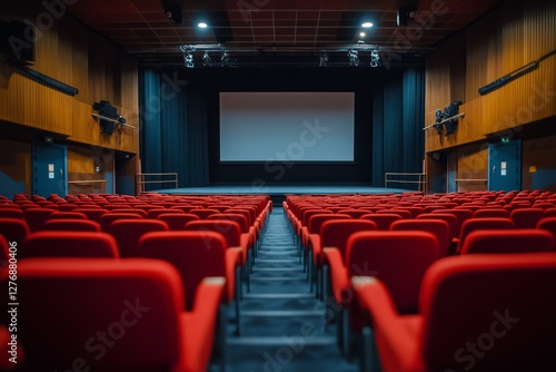 Modern Cinema Auditorium With Empty Red Seats and Large Screen Ready for a Fi...