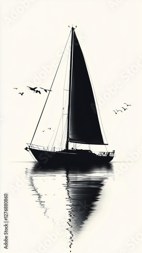 Sailing Boat With Black Sails Gliding Across Calm Waters at Dusk With Birds F...