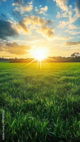 Bright Sunrise Over Lush Green Field With Clouds in the Sky and Golden Rays S...